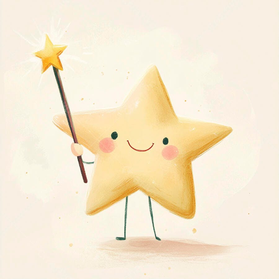 Estrela amarela sorridente com varinha mágica ilustração infantil