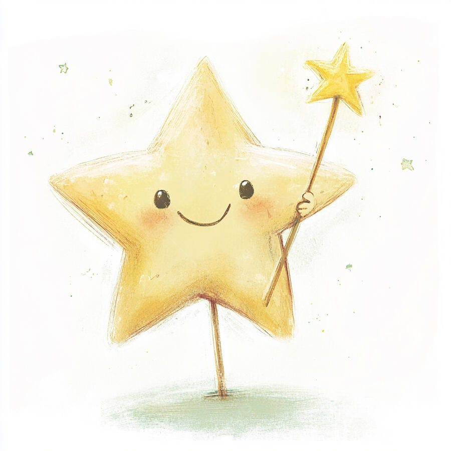 Estrela amarela de desenho animado sorrindo com varinha mágica