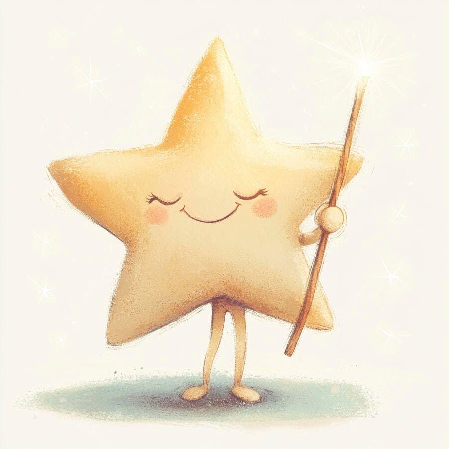 Estrela amarela sorridente com varinha mágica em ilustração infantil