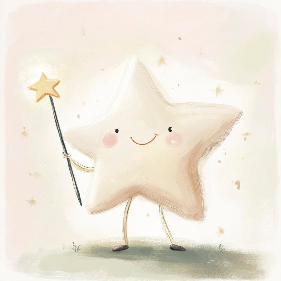 Estrela branca sorridente com varinha mágica em fundo pastel