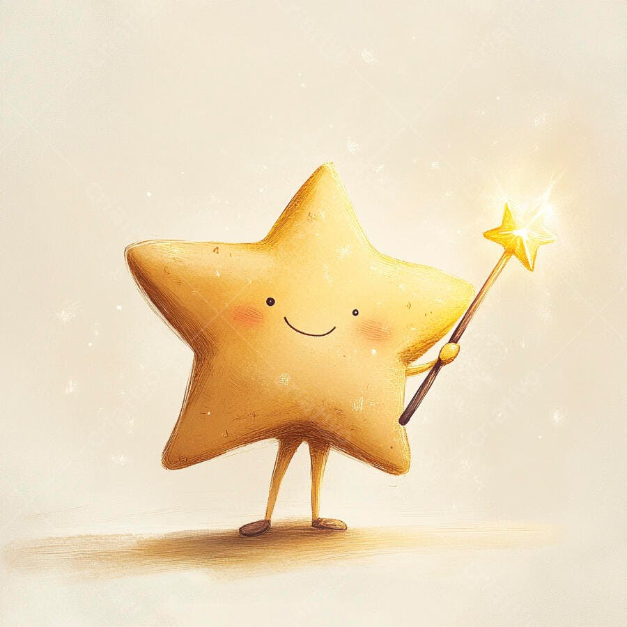 Estrela amarela de desenho animado segurando varinha mágica brilhante com sorriso feliz