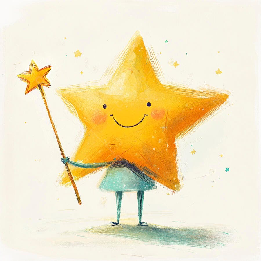 Estrela amarela sorridente com varinha mágica em ilustração infantil