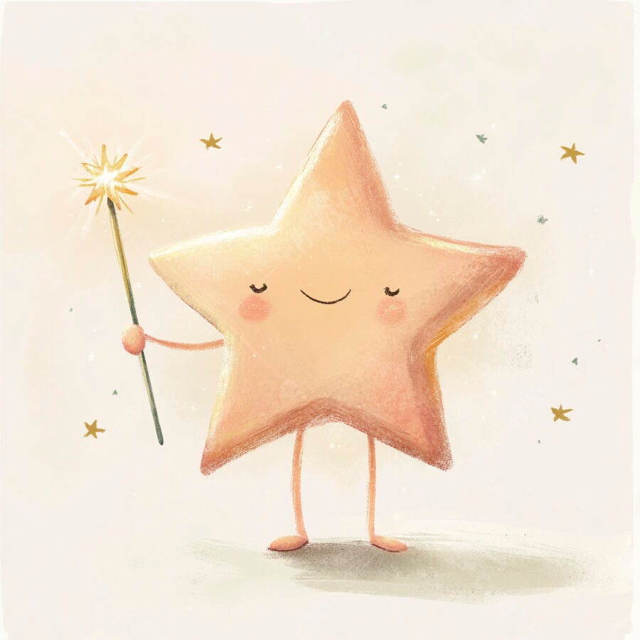 Estrela sorridente com varinha mágica brilhante em fundo pastel