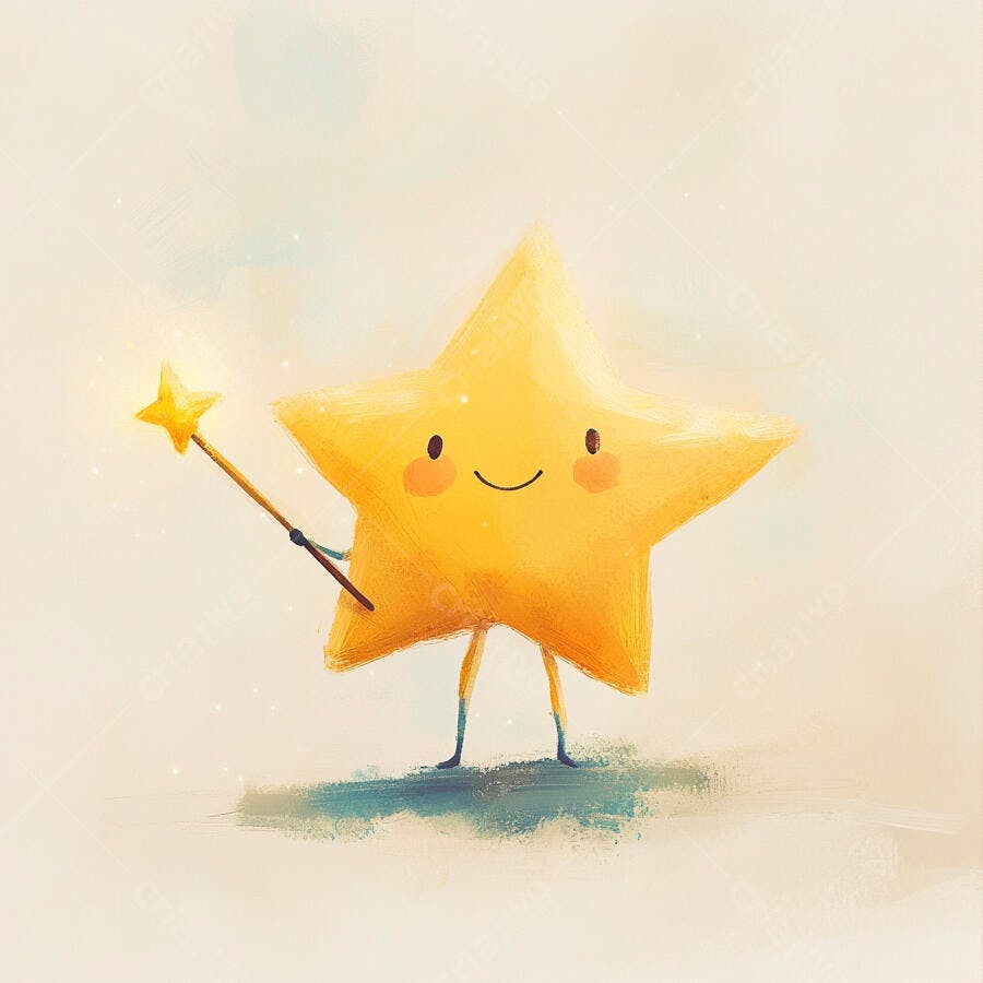 Estrela amarela sorridente com varinha mágica em fundo aquarela