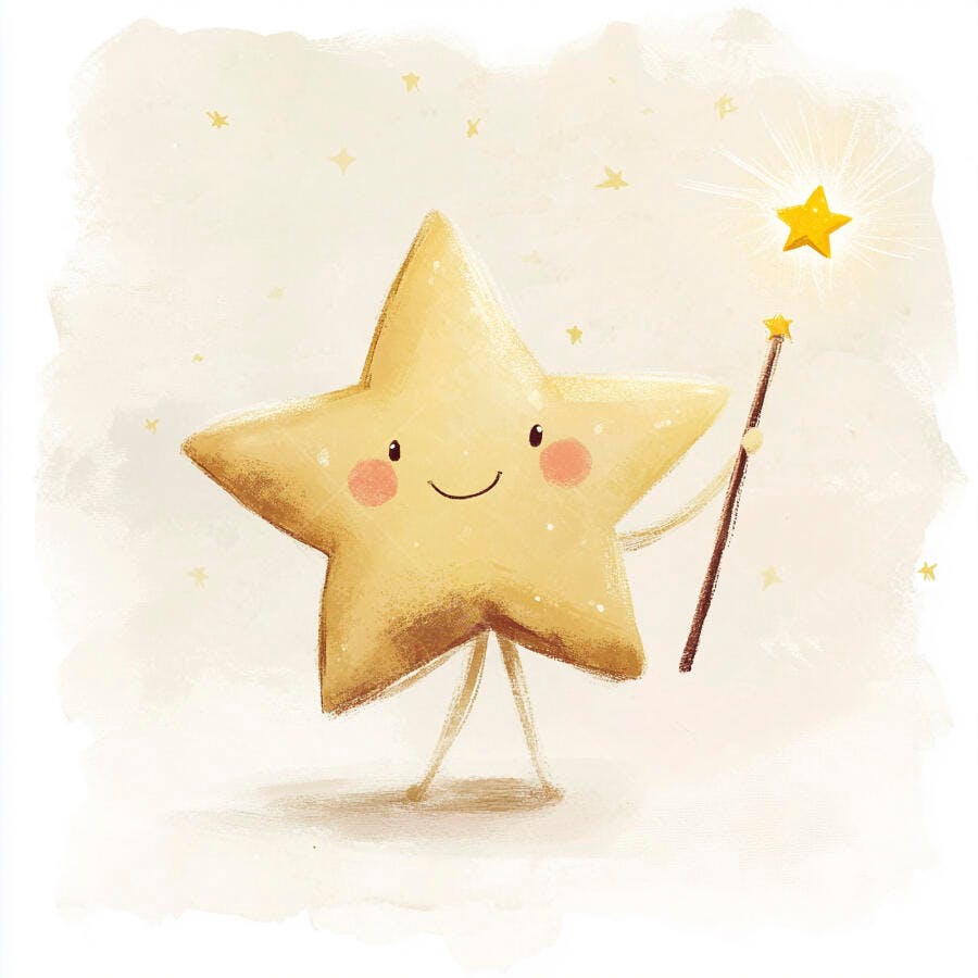 Estrela amarela feliz segurando varinha mágica criando luz e brilho dourado