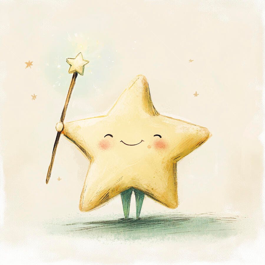 Estrela amarela feliz com varinha mágica brilhante em cenário pastel