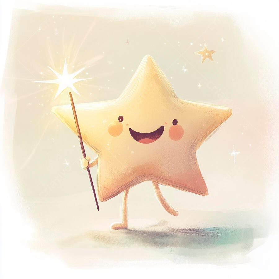 Estrela sorridente com varinha mágica criando brilho em ilustração infantil