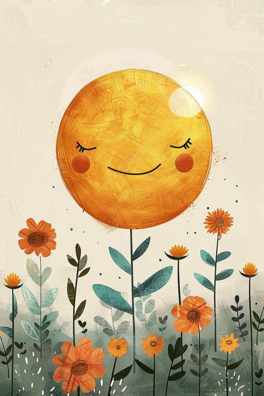 Sol feliz sorrindo como flor em um campo de flores laranjas e azuis