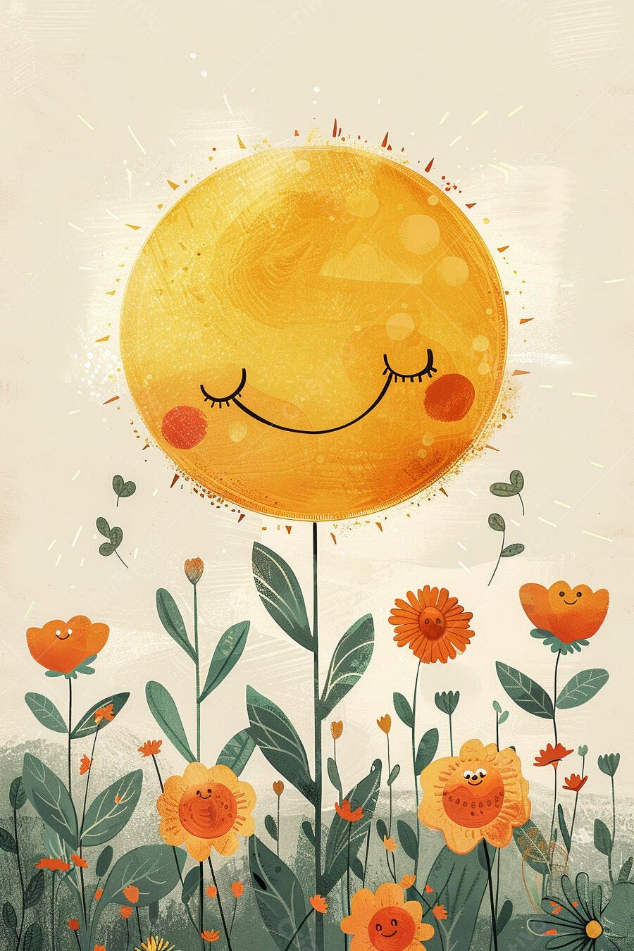 Sol sorridente e flores felizes em jardim vibrante ilustrado
