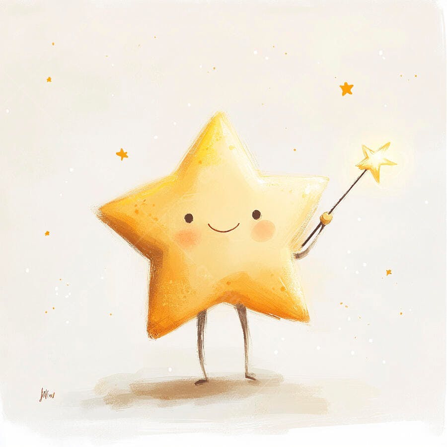 Estrela amarela sorridente com varinha mágica em ilustração fofa e alegre