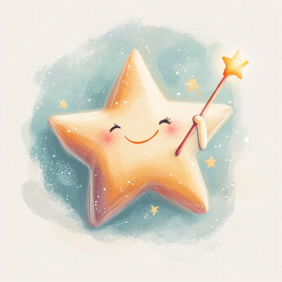 Estrela mágica sorridente com varinha brilhante em céu azul claro