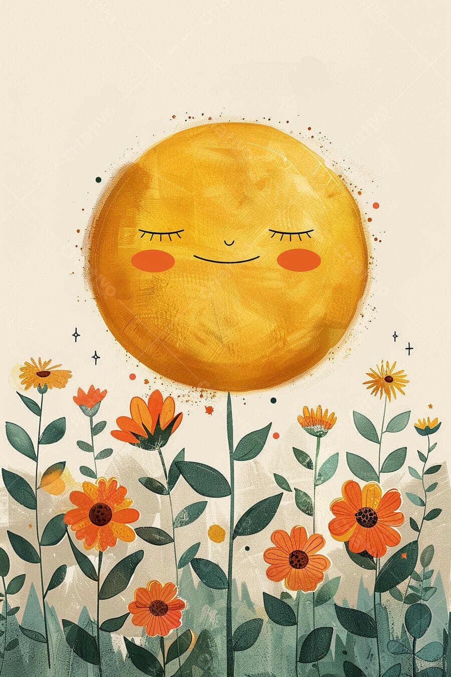 Sol sorridente feliz em campo de flores laranjas e amarelas ilustração
