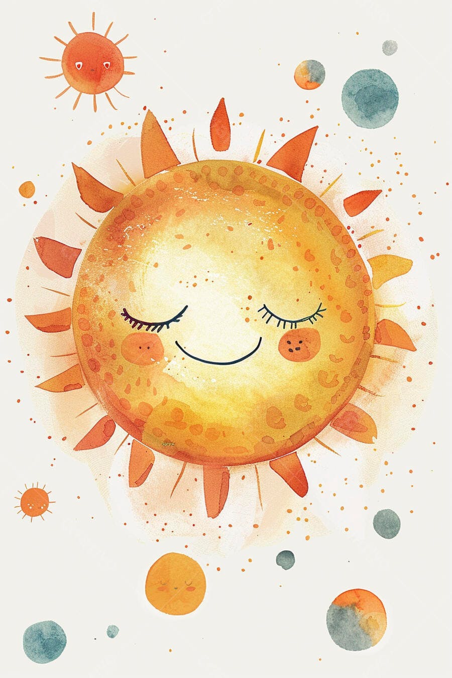 Sol sorridente com planetas em aquarela ilustração infantil