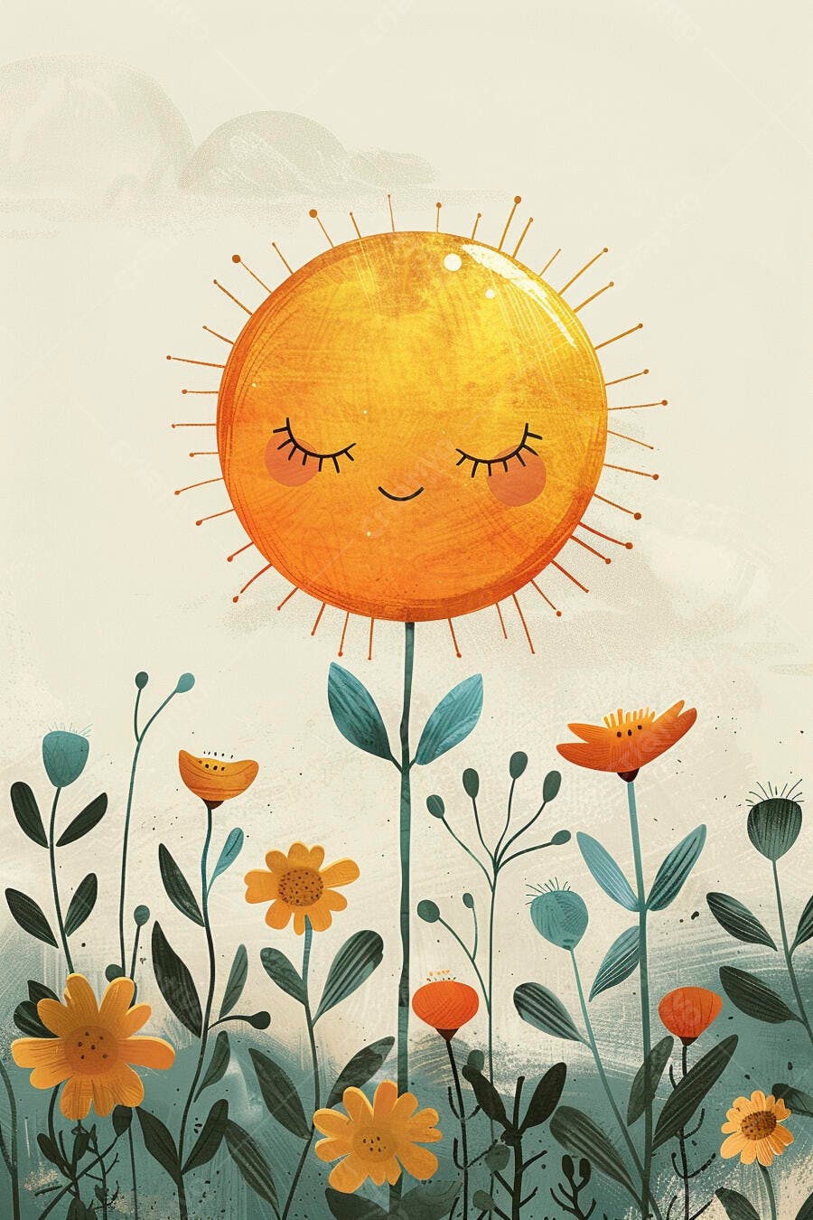 Sol dormindo no jardim de flores coloridas ilustração suave