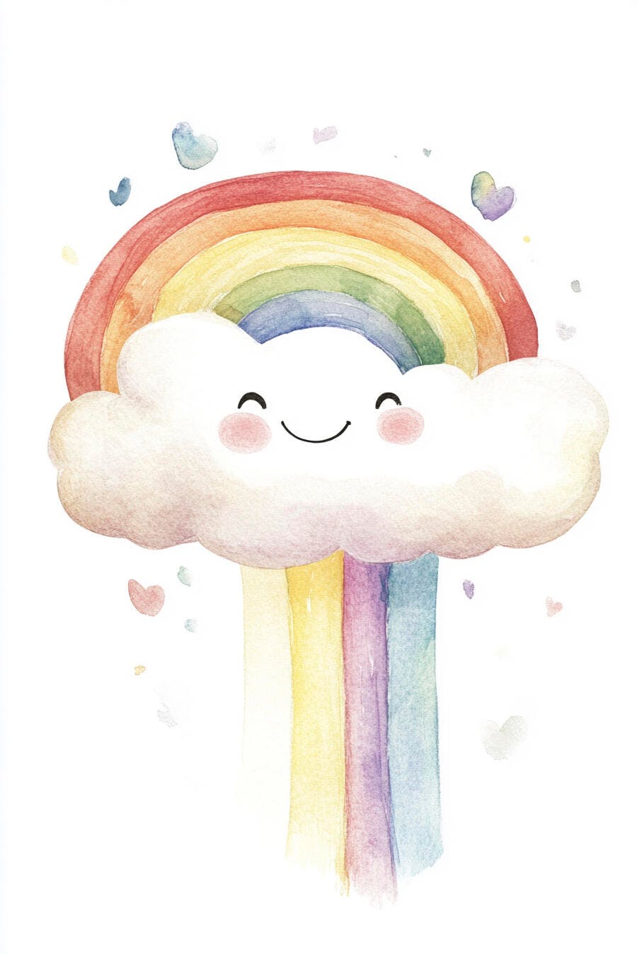 Nuvem sorridente com arco-íris colorido e corações flutuantes em aquarela