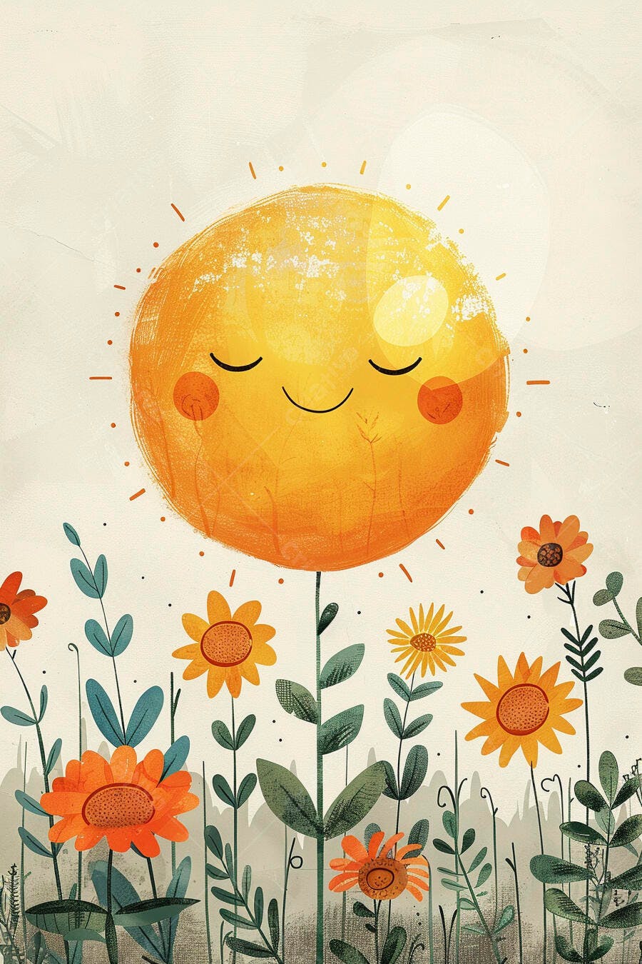 Sol feliz de desenho animado entre flores amarelas em jardim ensolarado
