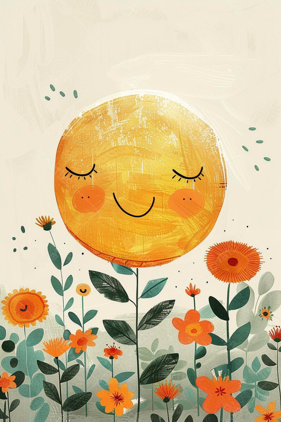 Sol sorridente amarelo entre flores e folhagens coloridas ilustração infantil