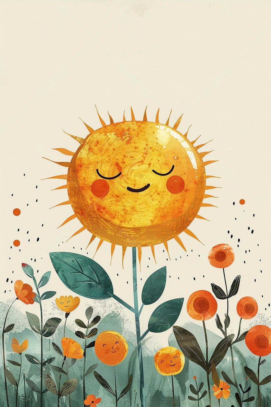 Sol sorridente em formato de flor rodeado por folhagens em jardim alegre