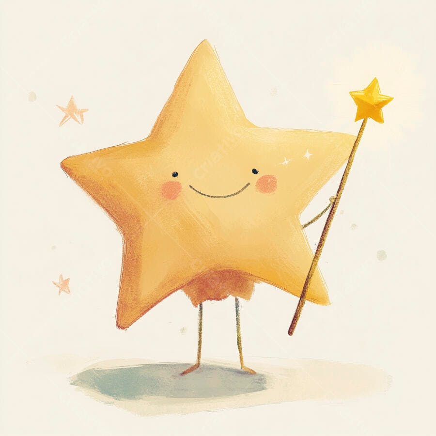 Estrela amarela personagem desenho segurando varinha mágica sorrindo