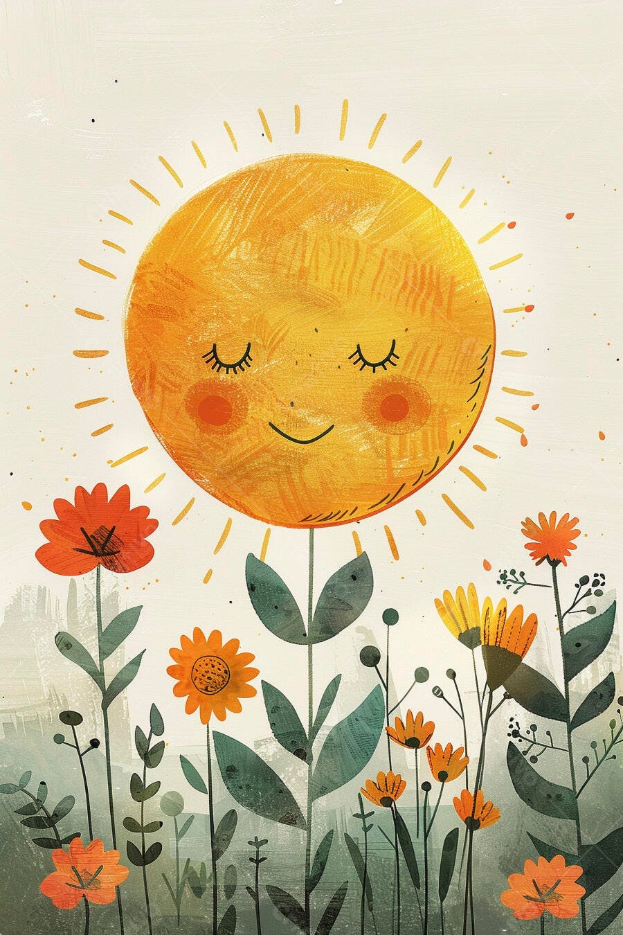 Sol feliz dormindo entre flores coloridas em estilo infantil desenho