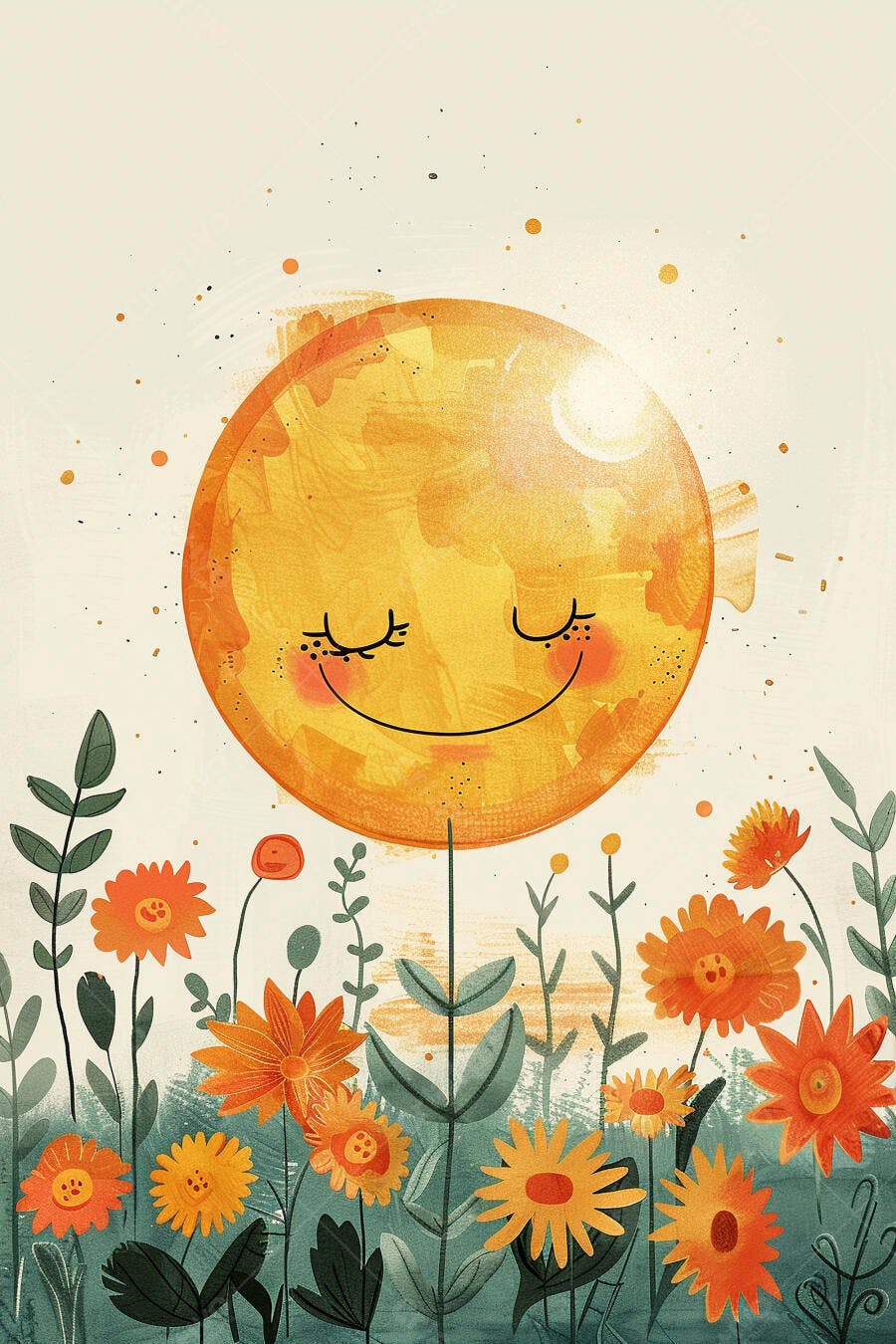 Sol feliz sorrindo entre flores coloridas em ilustração vibrante