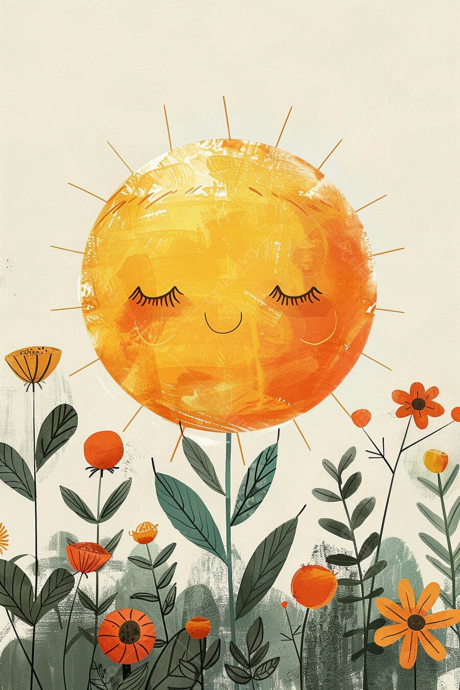 Sol sereno sorrindo em campo de flores e folhas verdes ilustração