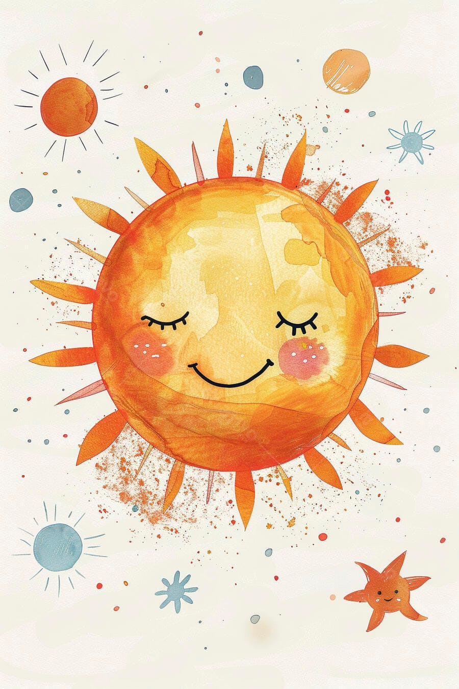 Sol feliz em aquarela com rosto sorridente e elementos celestes