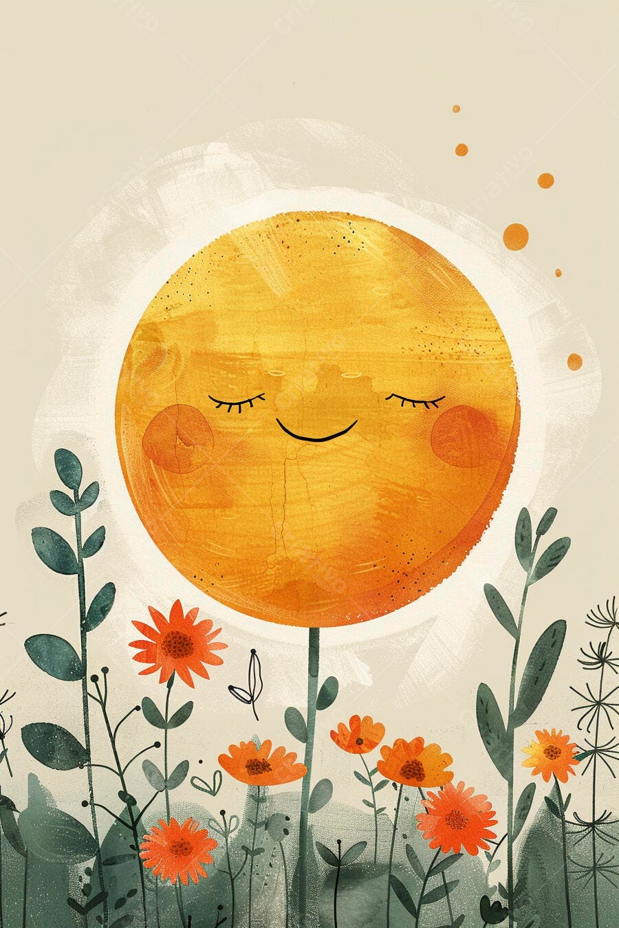 Sol sorridente com olhos fechados e flores em campo vibrante