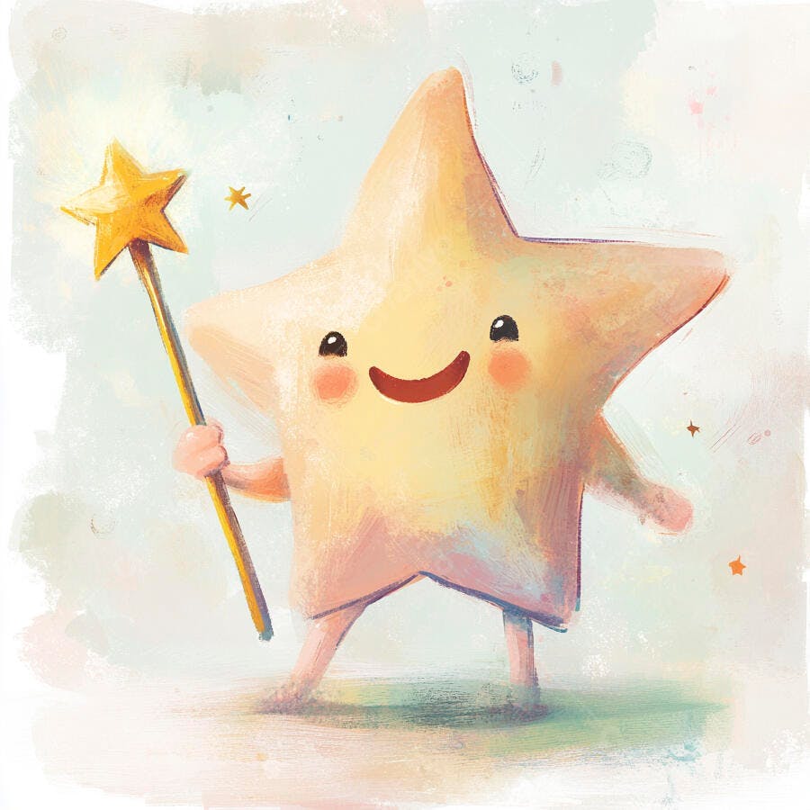 Estrela personagem amarela sorridente segura varinha mágica fofa