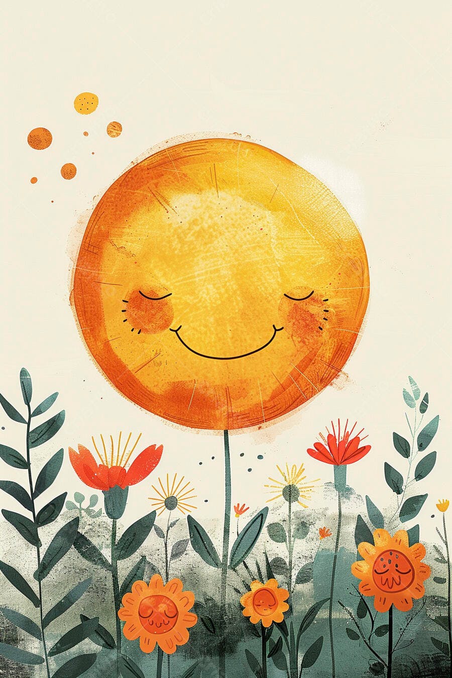 Sol feliz sorrindo em jardim de flores coloridas ilustração infantil