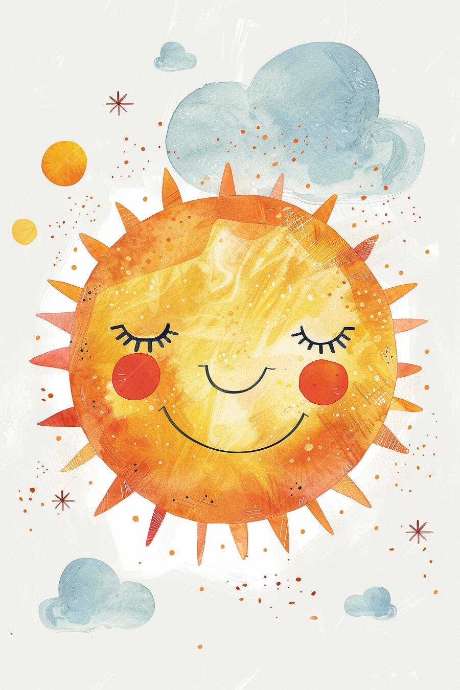 Sol sorridente aquarela com nuvens azuis e estrelas pequenas