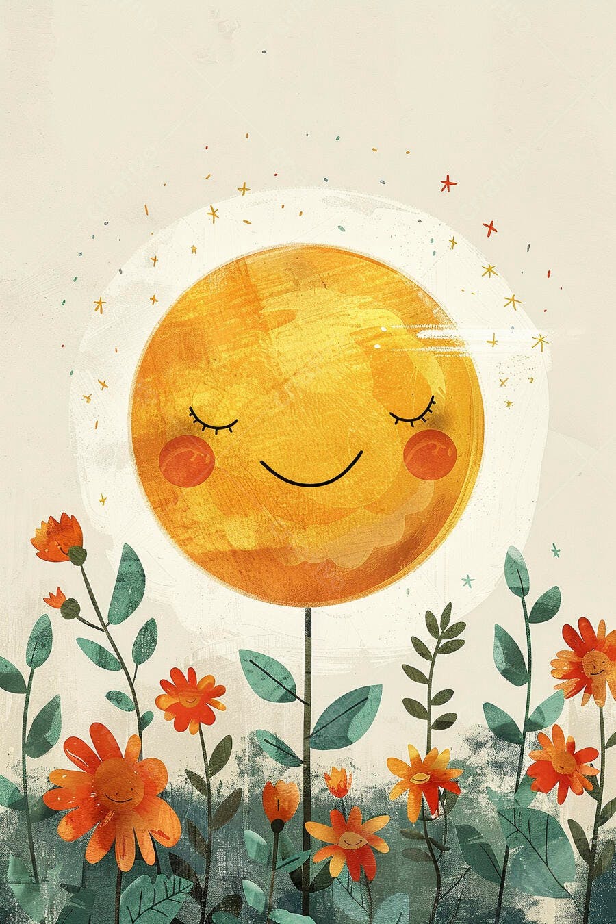 Sol feliz florescendo em jardim alegre com flores laranjas vibrantes