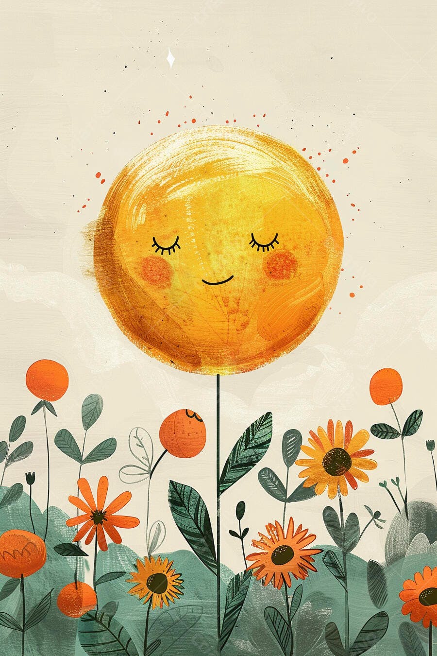 Sol amarelo sorridente dormindo entre flores laranja e folhas verdes