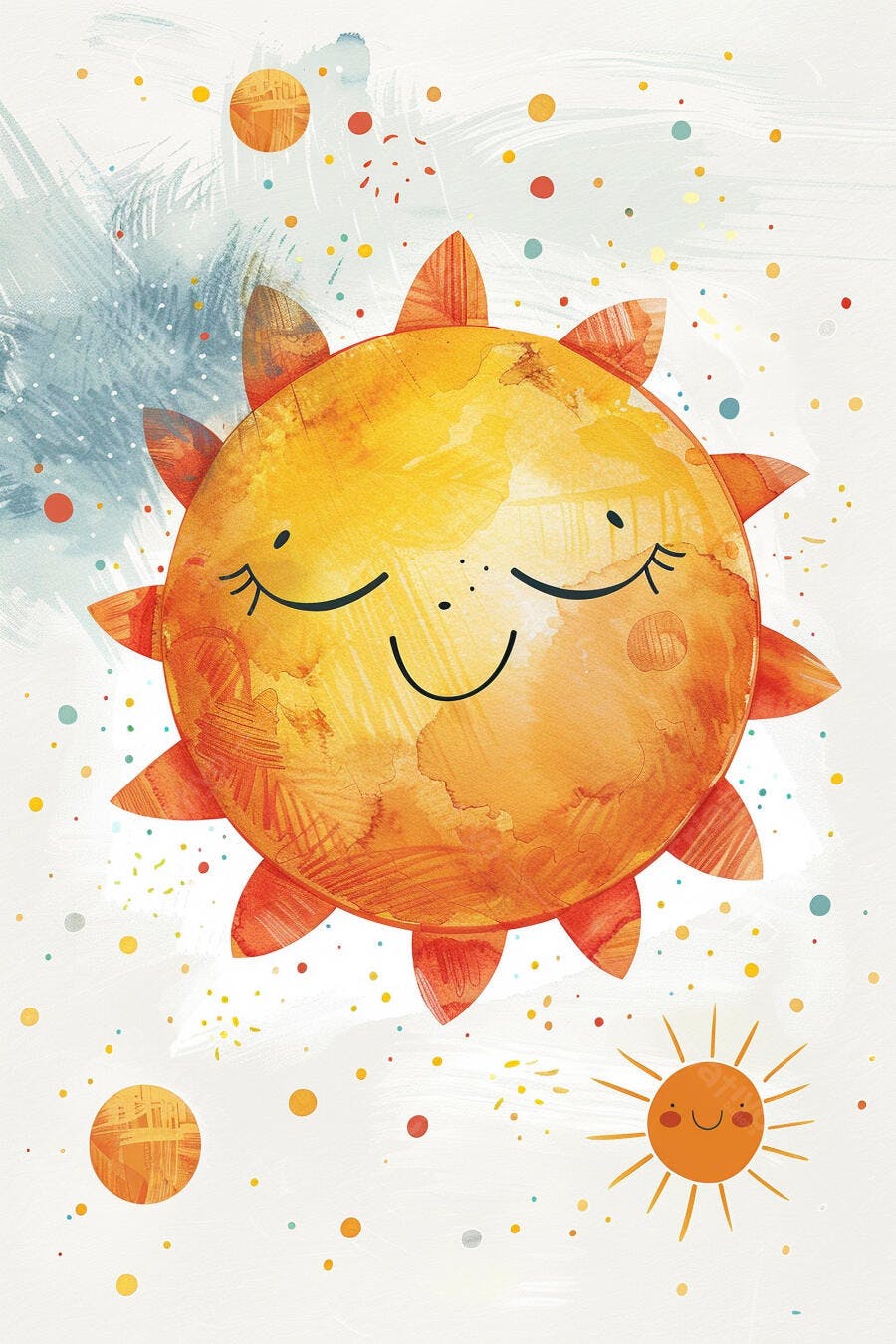 Sol sorridente em aquarela vibrante com raios laranja e pontos coloridos