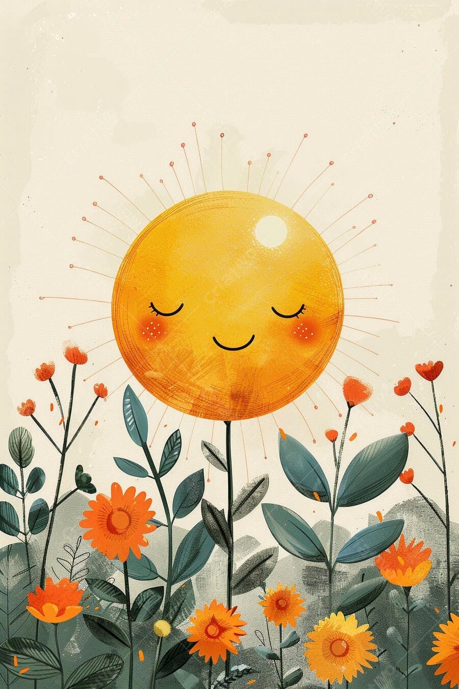 Sol feliz com rosto sorridente entre flores e folhas verdes em dia ensolarado