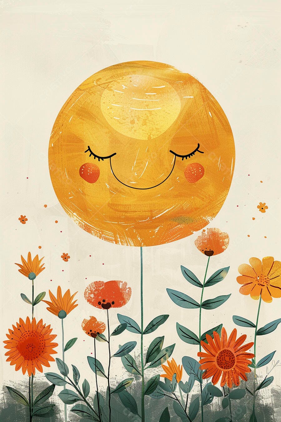 Sol laranja e amarelo sorrindo como flor em jardim ilustrado