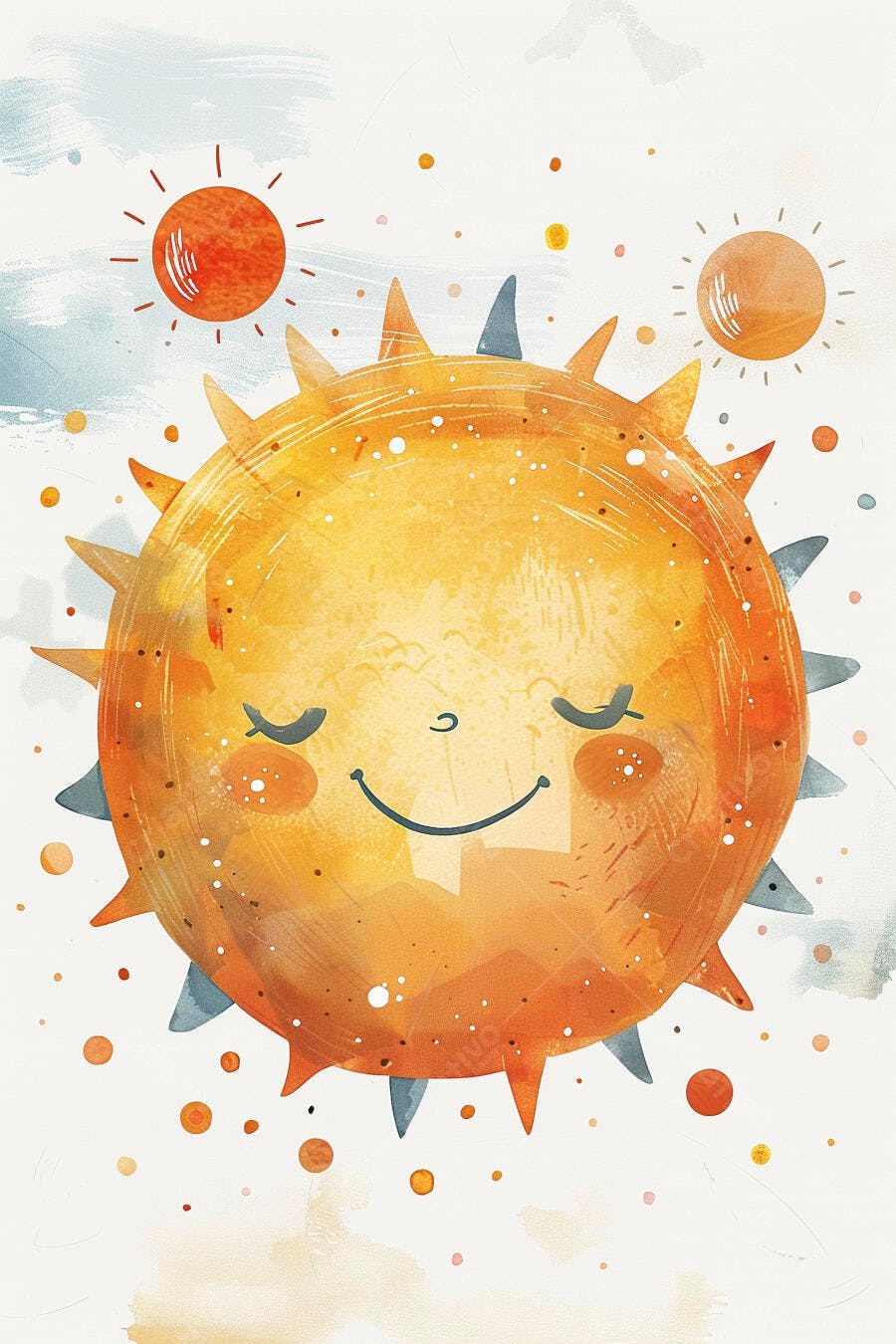 Sol feliz sorrindo aquarela com raios coloridos e céu azul claro