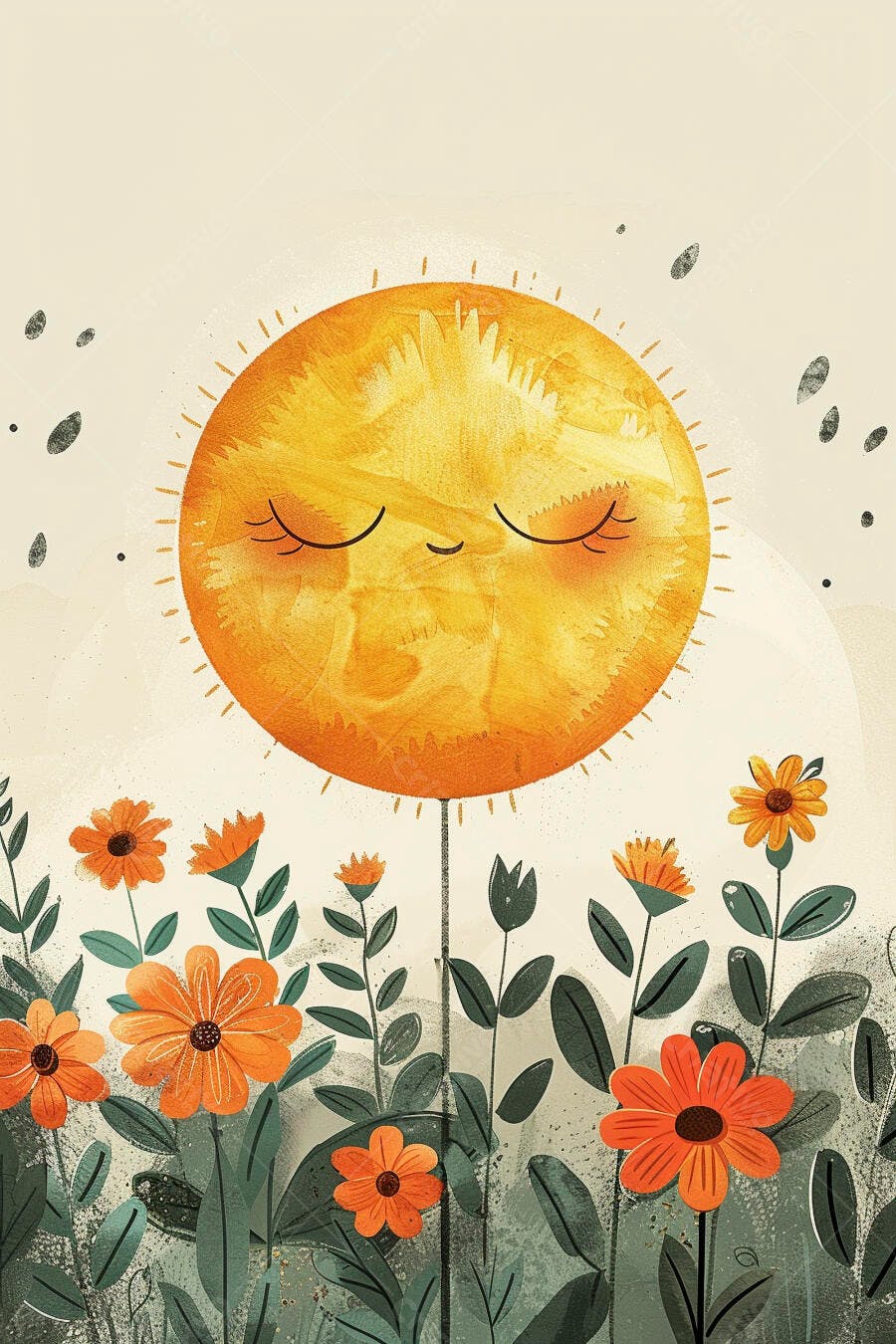 Sol sorridente dormindo em jardim de flores laranja e verde ilustrado