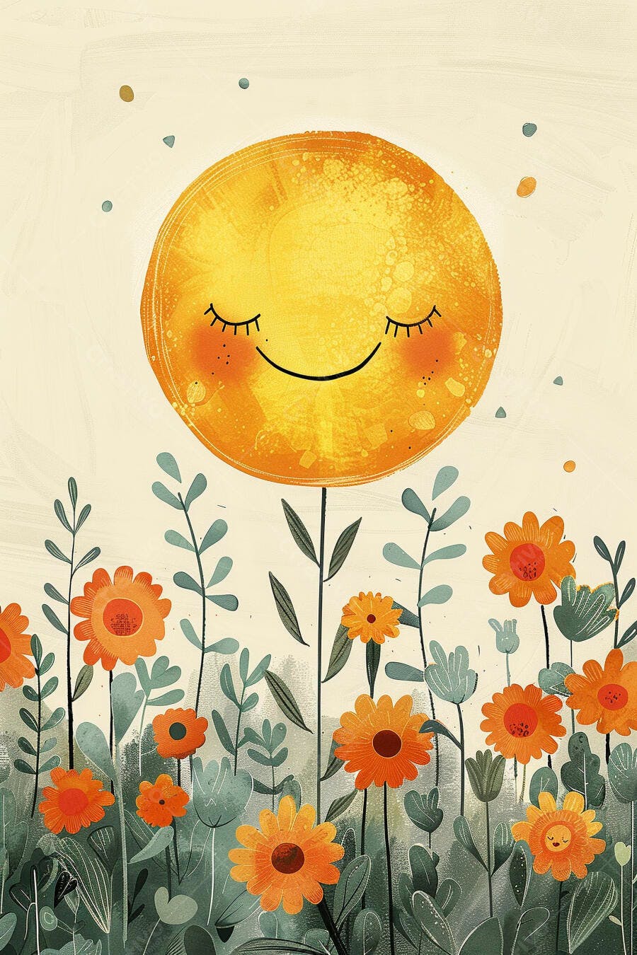Sol sorridente em campo de flores laranjas e folhas verdes aquarela