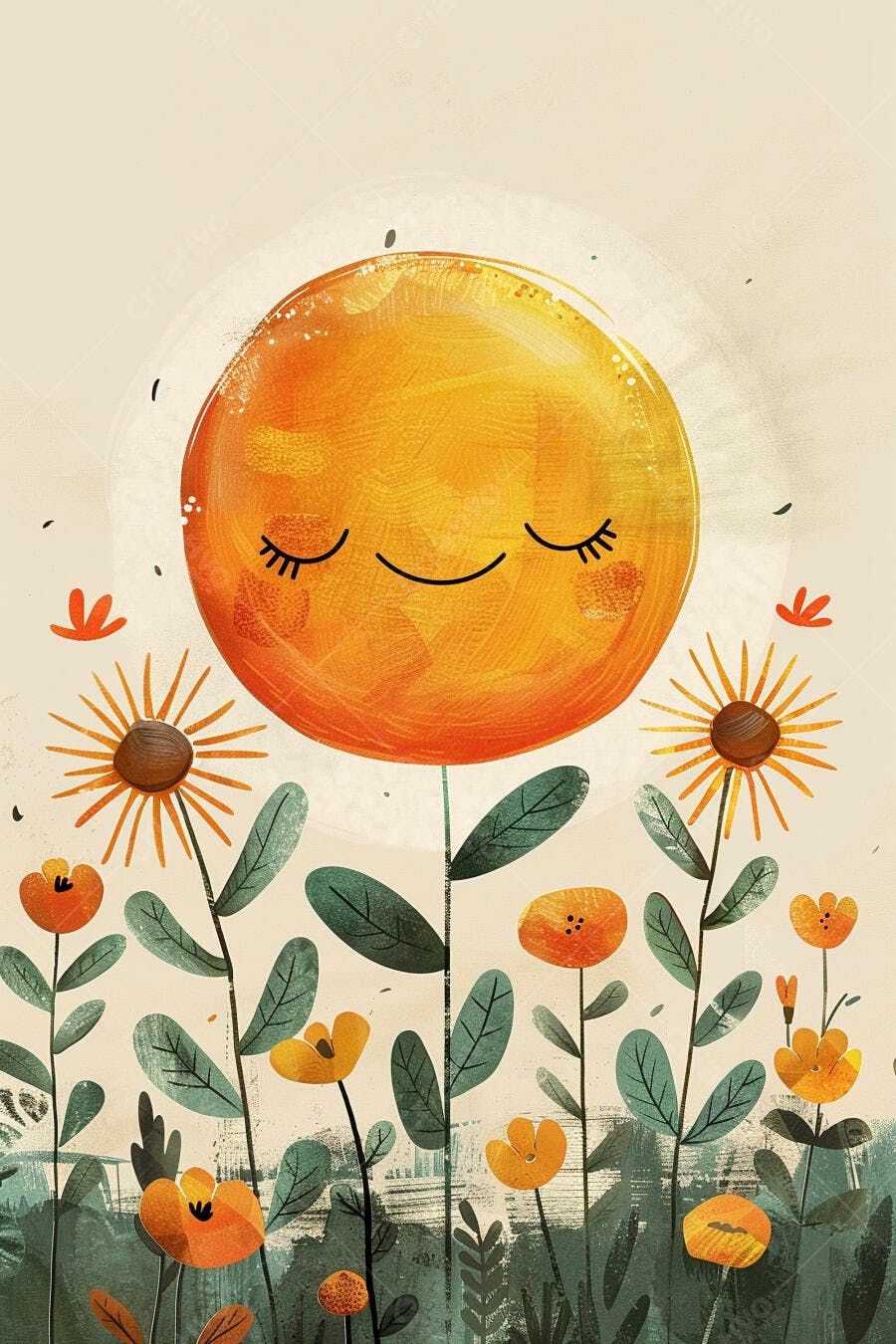 Sol laranja sorridente como flor em jardim de ilustração suave e feliz
