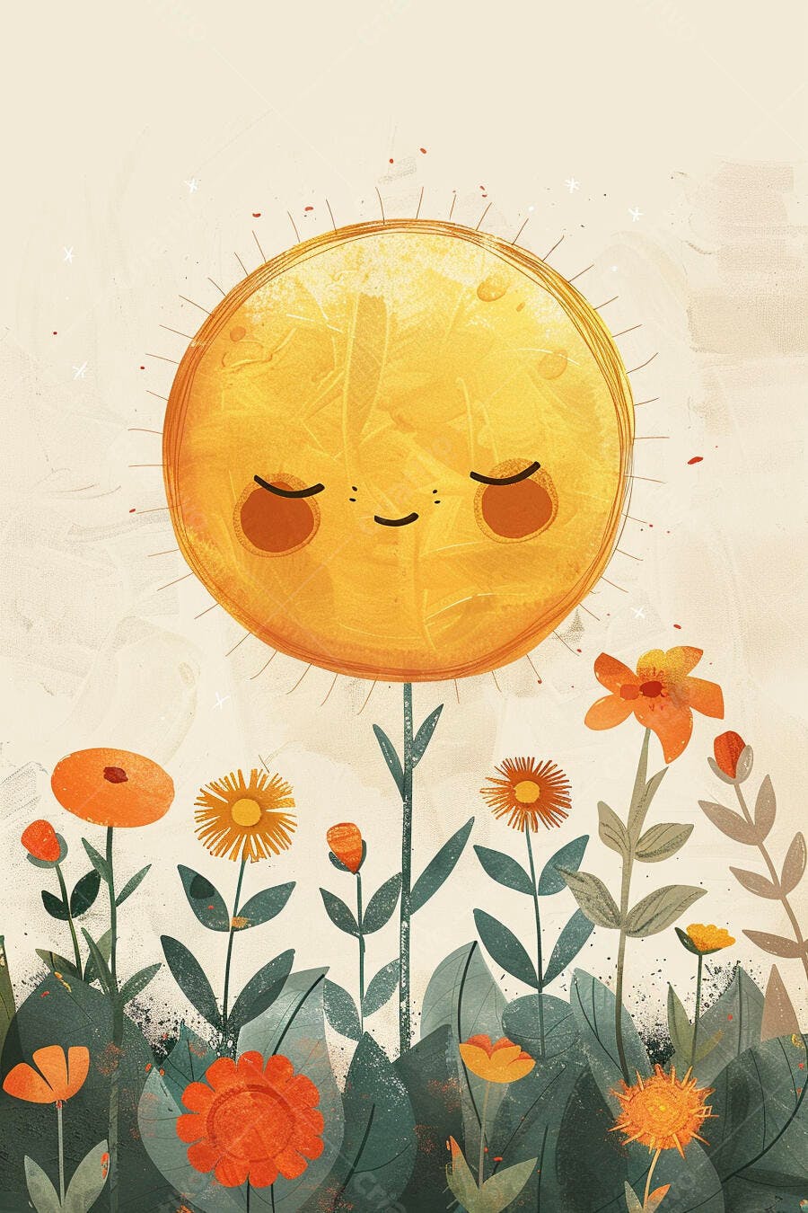 Sol sorridente amarelo e laranja em um campo de flores vibrantes ilustração