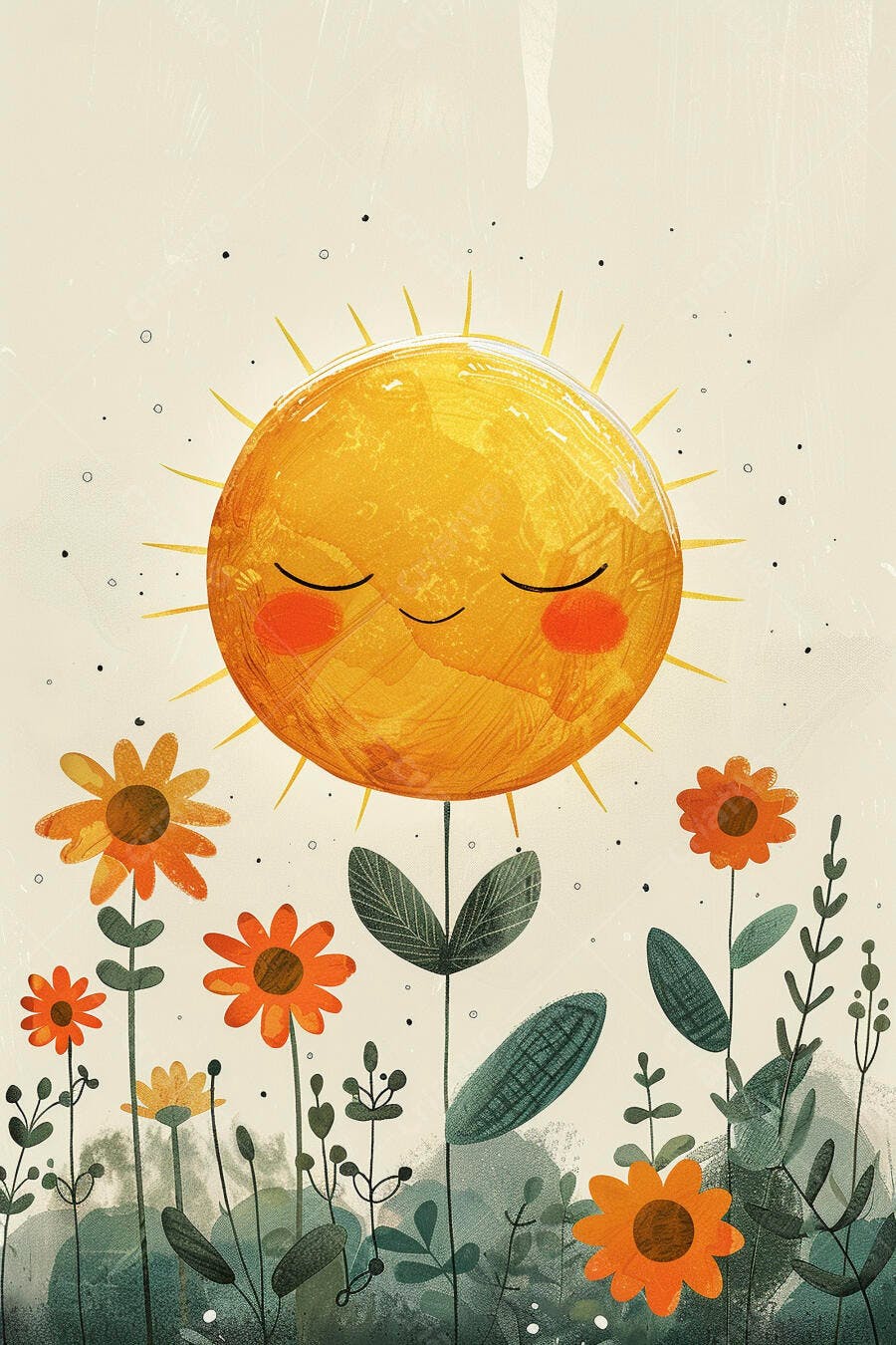 O sol sorridente como uma flor amarela em um jardim vibrante com flores laranjas