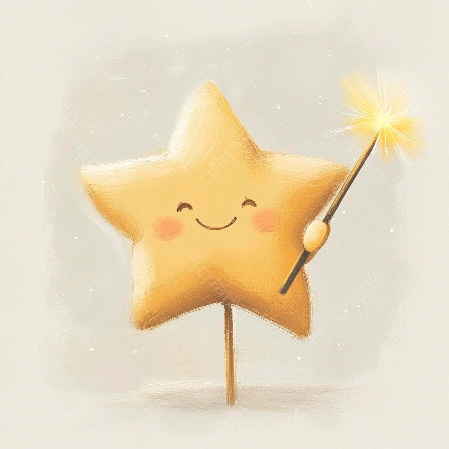Estrela amarela sorrindo com varinha mágica brilhante ilustração fofa