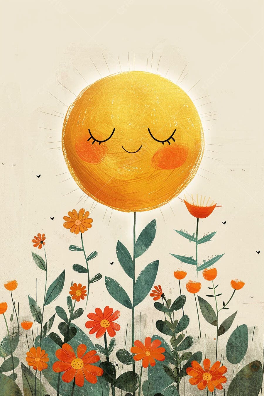 Sol feliz sorrindo entre flores vibrantes e pássaros voando