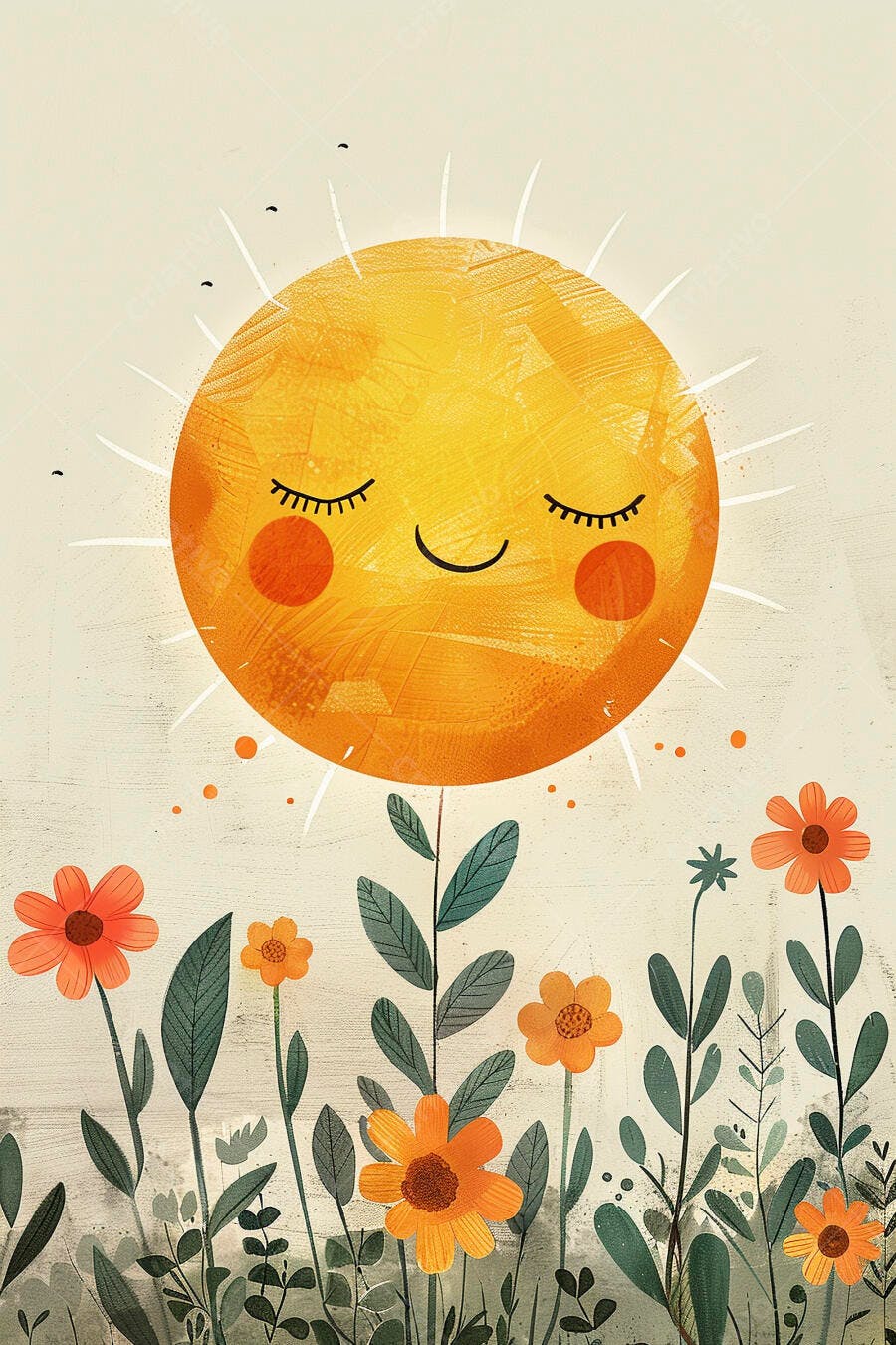 Sol feliz dormindo flutua sobre jardim de flores laranjas e folhas verdes
