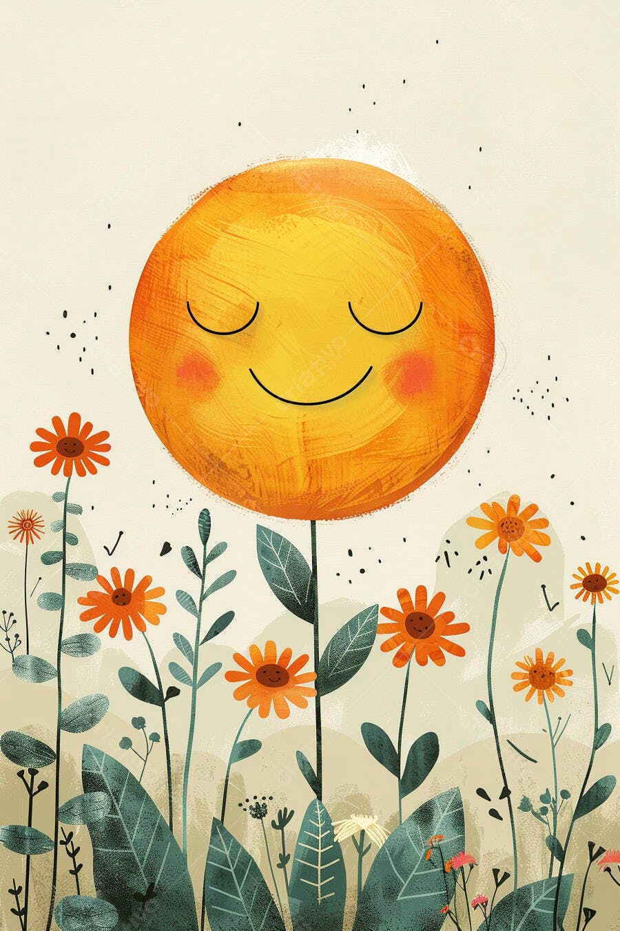 Flor solar sorridente amarela em jardim colorido com folhas verdes ilustracao