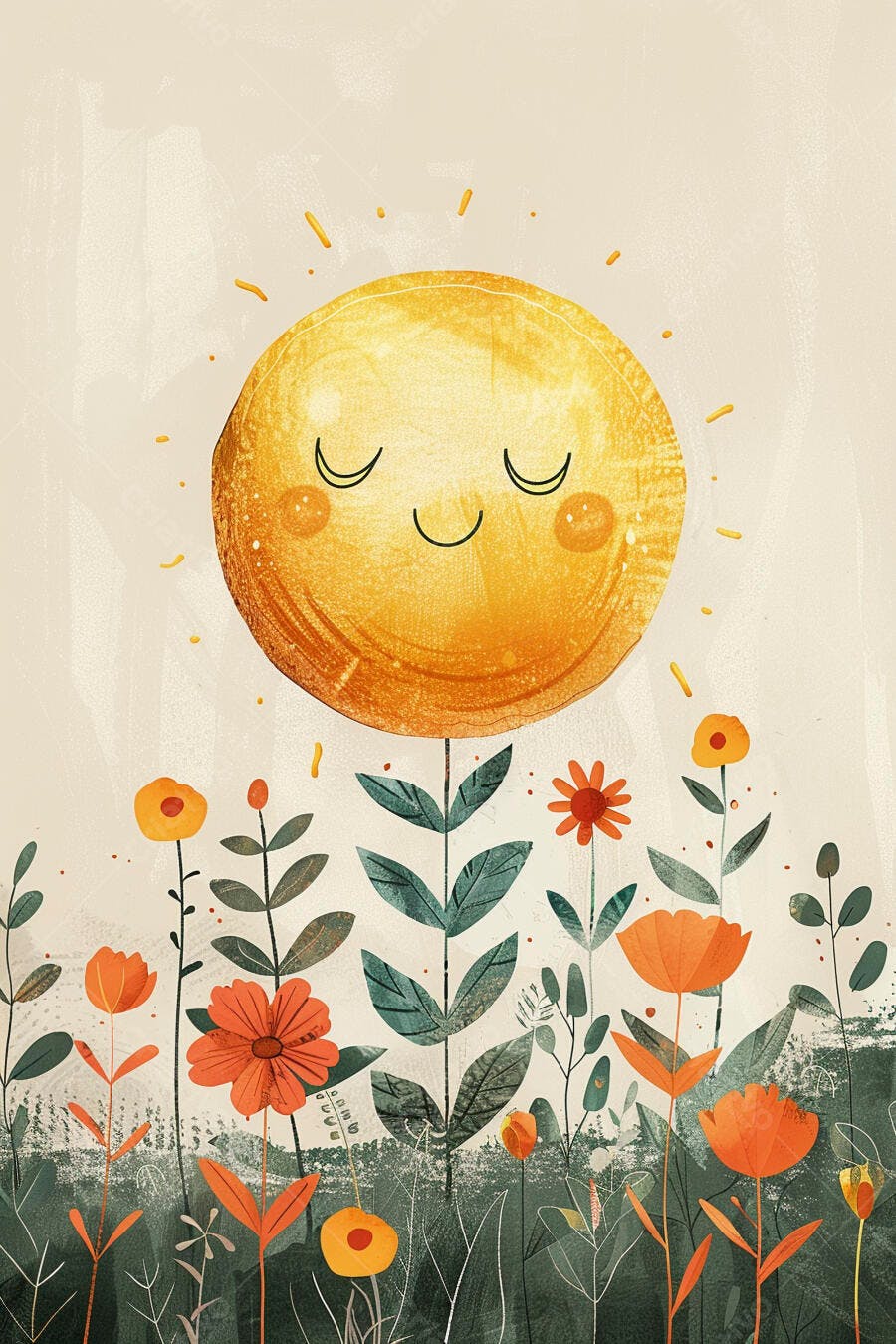 Sol feliz ilustrado com flores coloridas em campo verde