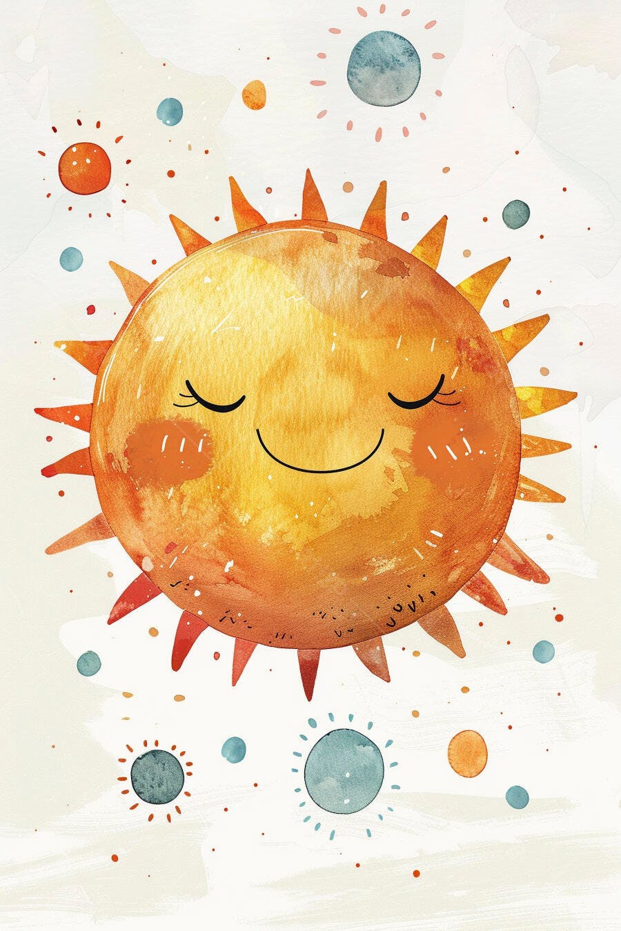 Sol sorridente em aquarela com planetas coloridos flutuantes