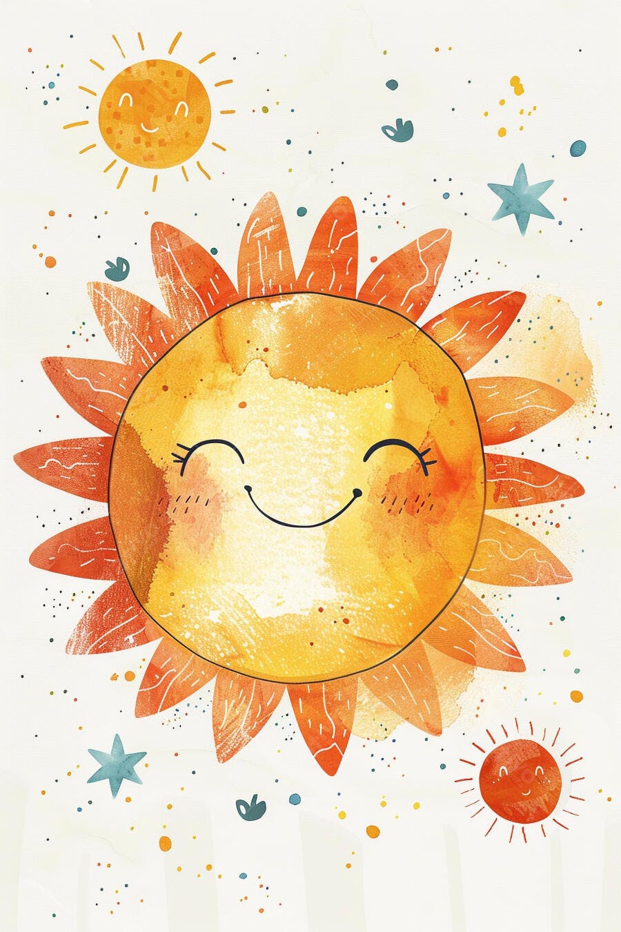 Sol feliz ilustração aquarela em tons laranja e amarelo com céu abstrato
