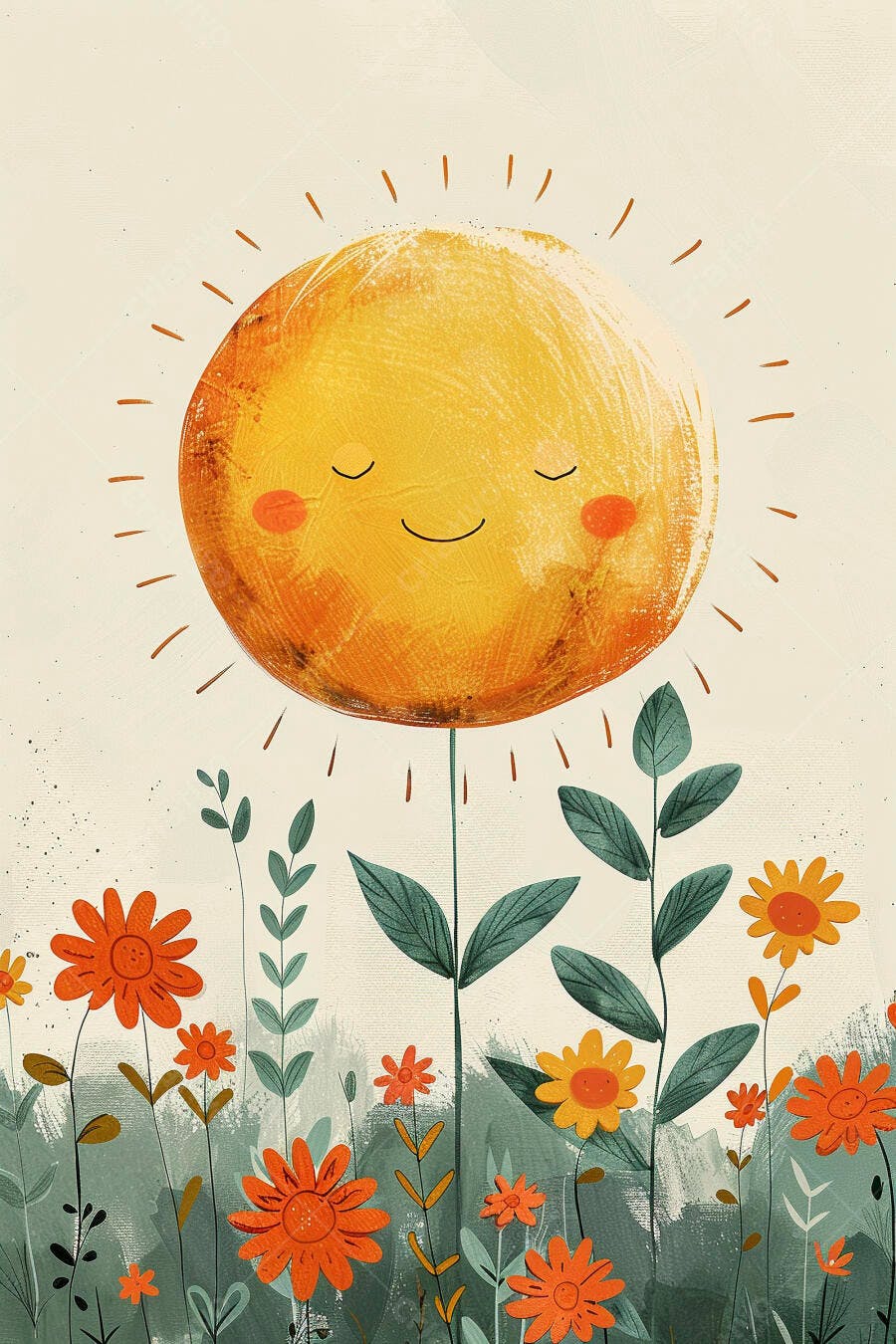 Sol feliz em forma de flor sorrindo em jardim colorido infantil